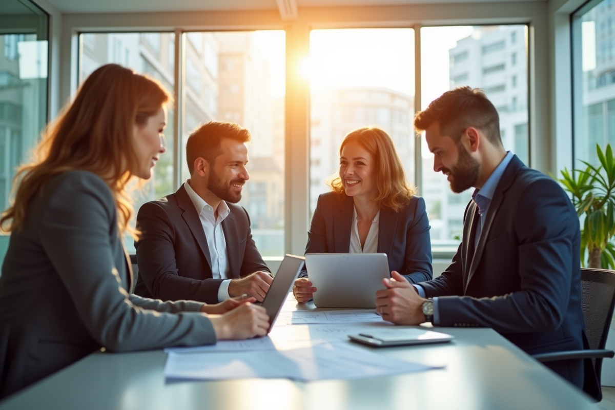 Equipe d'affaires confiante discutant d'energie durable dans un bureau lumineux