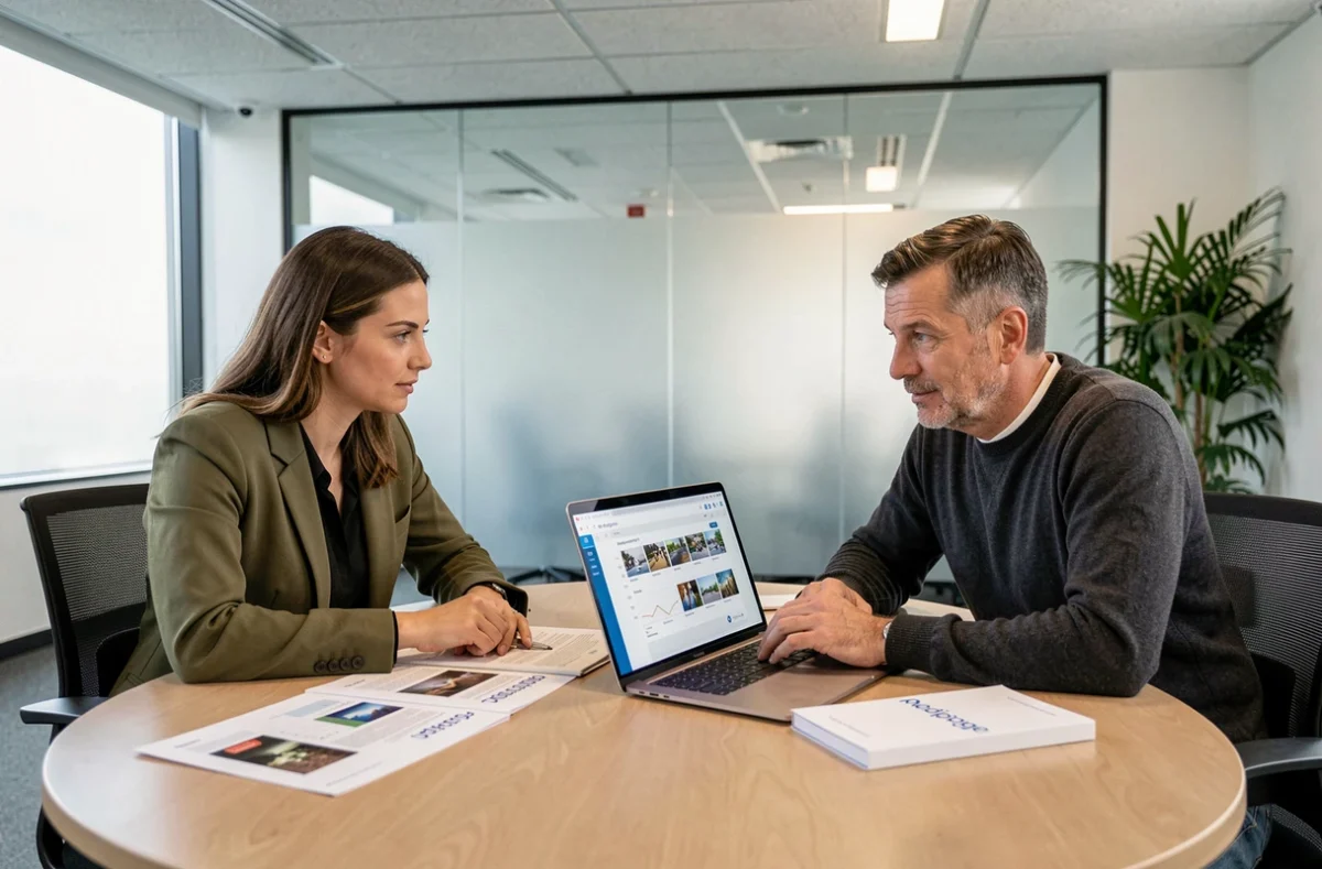 Deux professionnels du marketing collaborant sur une stratégie de veille médiatique avec des rapports Mediapige