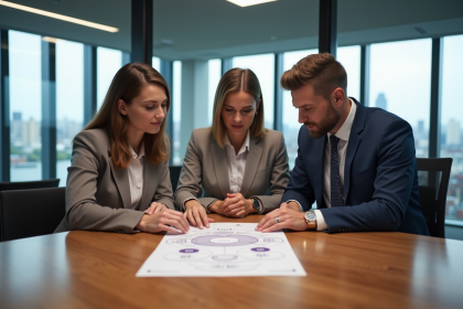 Equipe de professionnels discutant autour d'un diagramme 8P