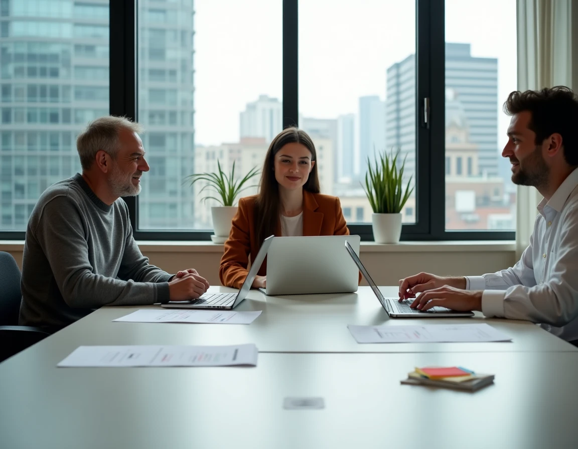 Équipe pluridisciplinaire en réunion stratégique autour d'une table de travail dans une agence de communication