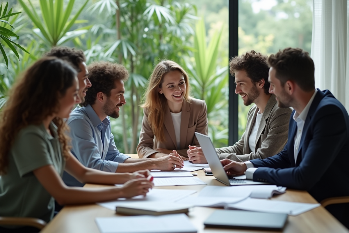 Équipe diversifiée en réunion de travail collaborative