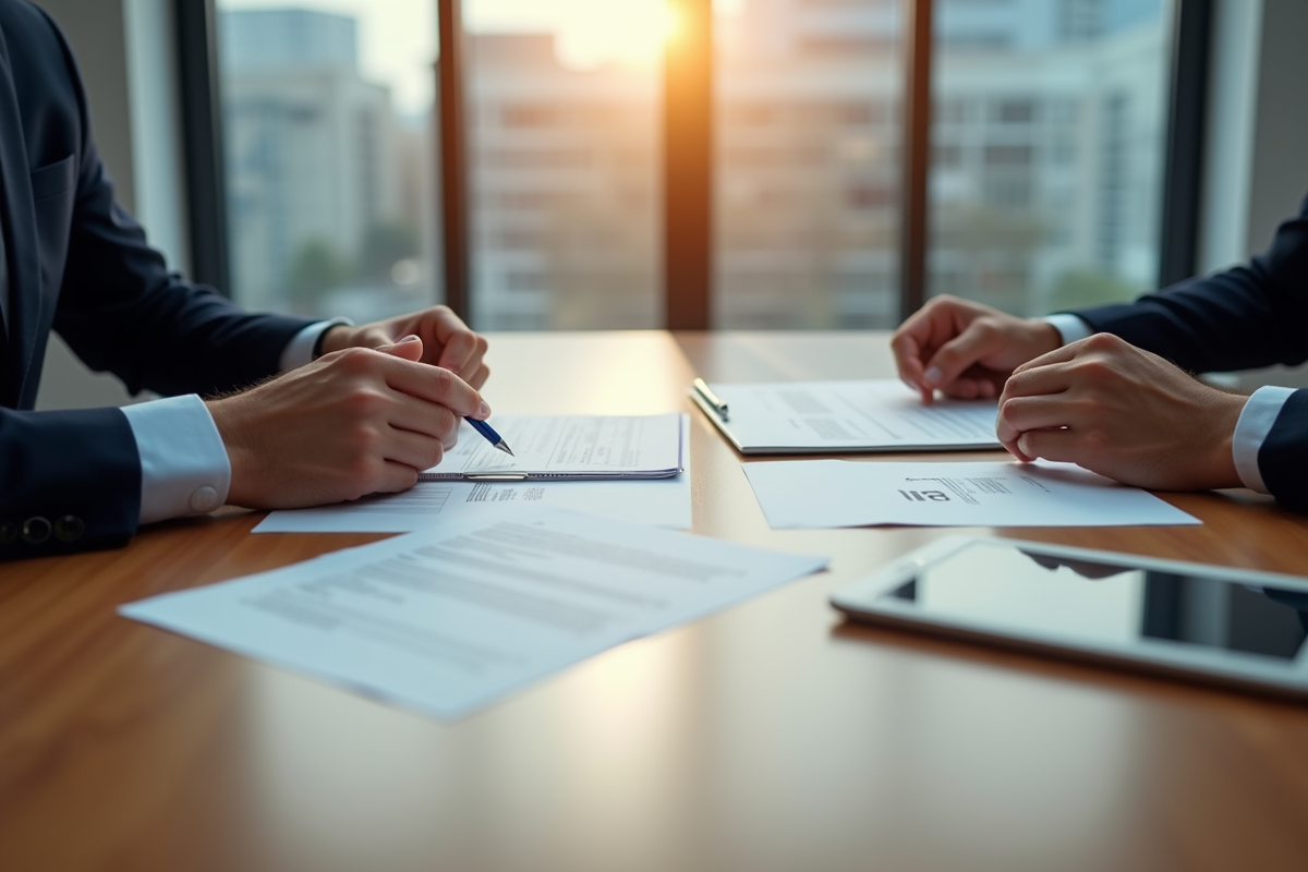 Espace de travail professionnel avec deux personnes examinant des documents officiels