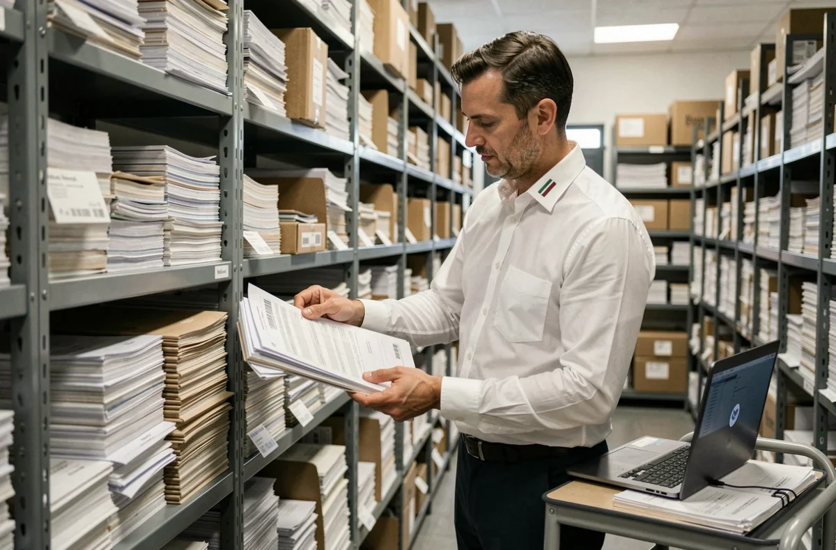 Auditeur d'Exco A2A examinant des dossiers financiers dans une salle d'archives d'une entreprise du Grand Est