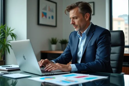 Homme media en costume navy dans un bureau moderne
