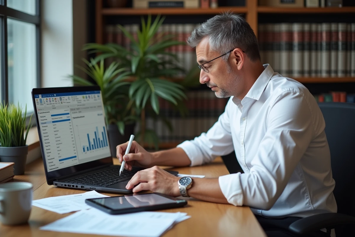 Expert-comptable homme utilisant un logiciel de comptabilité sur ordinateur portable avec des factures papier et un tableau de bord numérique