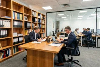 Vue d'ensemble d'un cabinet d'expertise comptable dans le Grand Est avec des professionnels travaillant sur des dossiers financiers