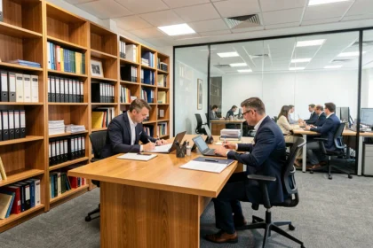 Vue d'ensemble d'un cabinet d'expertise comptable dans le Grand Est avec des professionnels travaillant sur des dossiers financiers