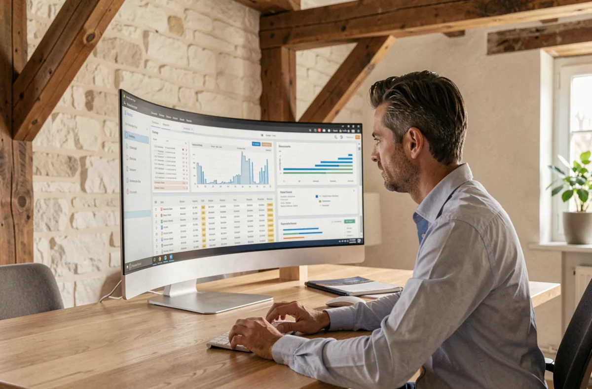 Consultant SEO d'Externam Studio à Rennes travaillant sur une stratégie de référencement naturel dans un studio aux murs en pierre bretonne