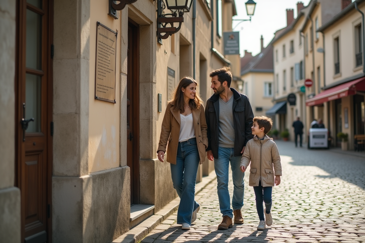 Famille française passant devant mairie fermée avec drapeau