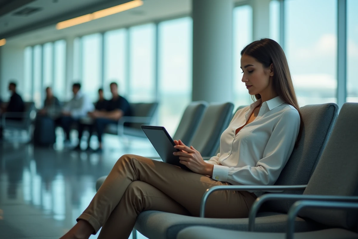 Jeune femme connectant sa tablette dans un aéroport