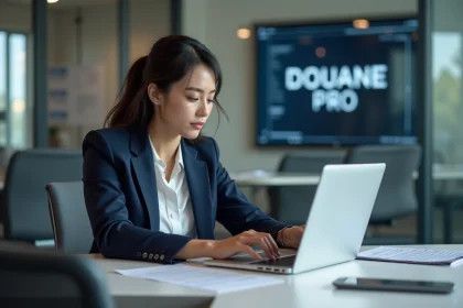 Femme d'affaires en bureau remplissant formulaires de douane
