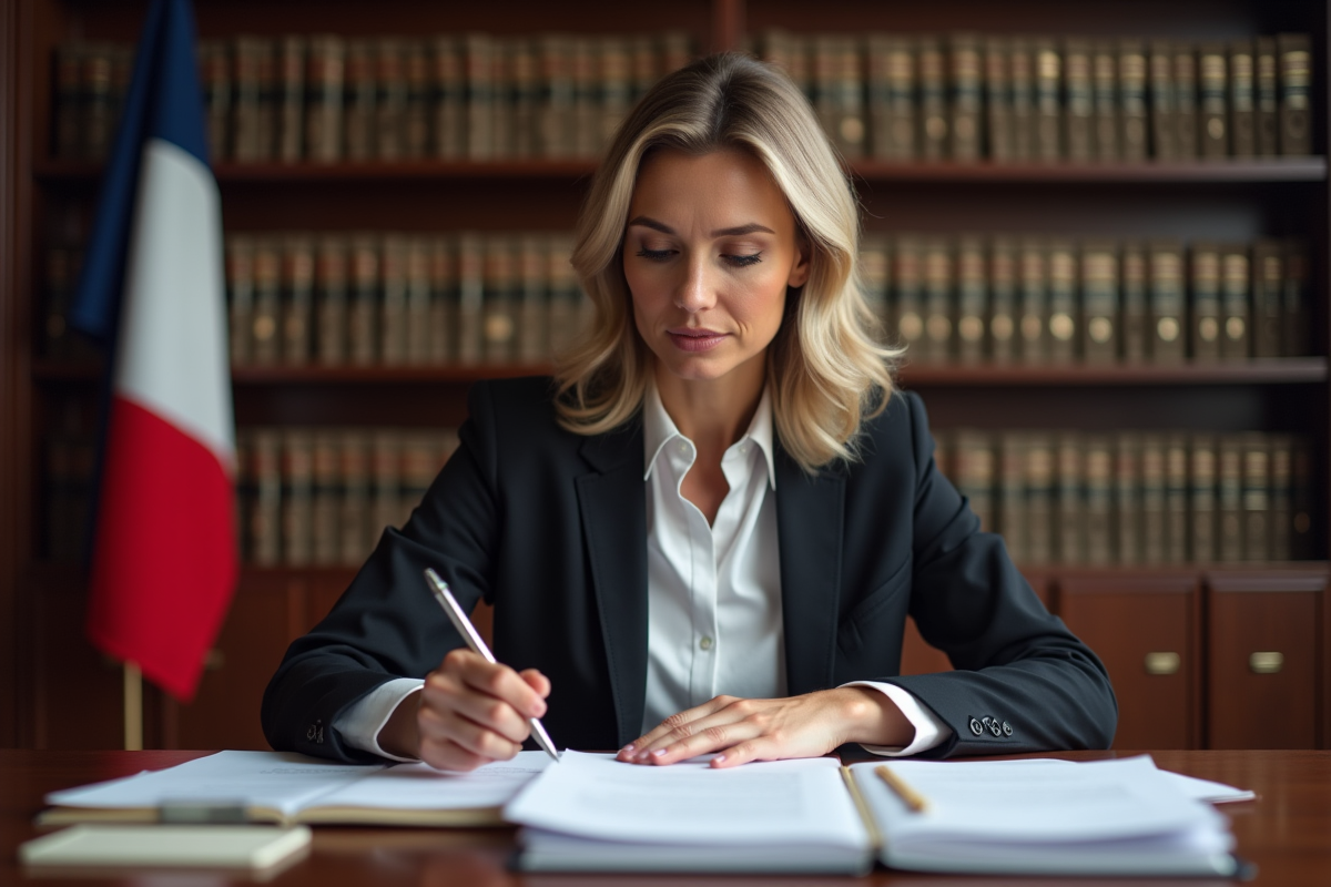 Femme d affaires française en costume examinant des documents