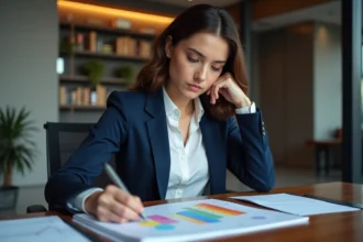 Femme d'affaires analysant une matrice McKinsey dans son bureau