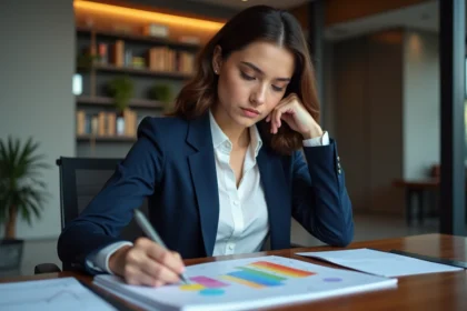 Femme d'affaires analysant une matrice McKinsey dans son bureau