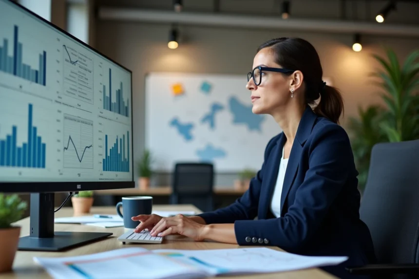 Femme d'affaires analysant des indicateurs économiques territoriaux sur un écran dans un bureau moderne