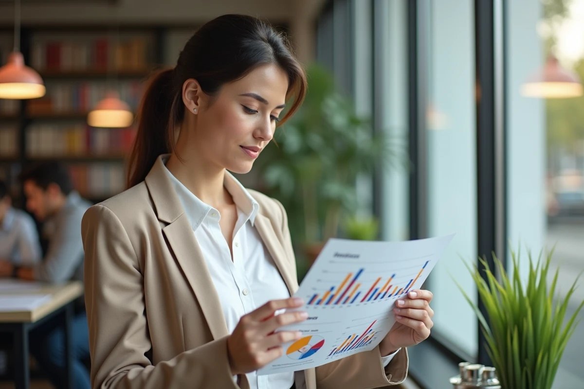 Femme professionnelle analysant des statistiques SEO dans un espace de travail