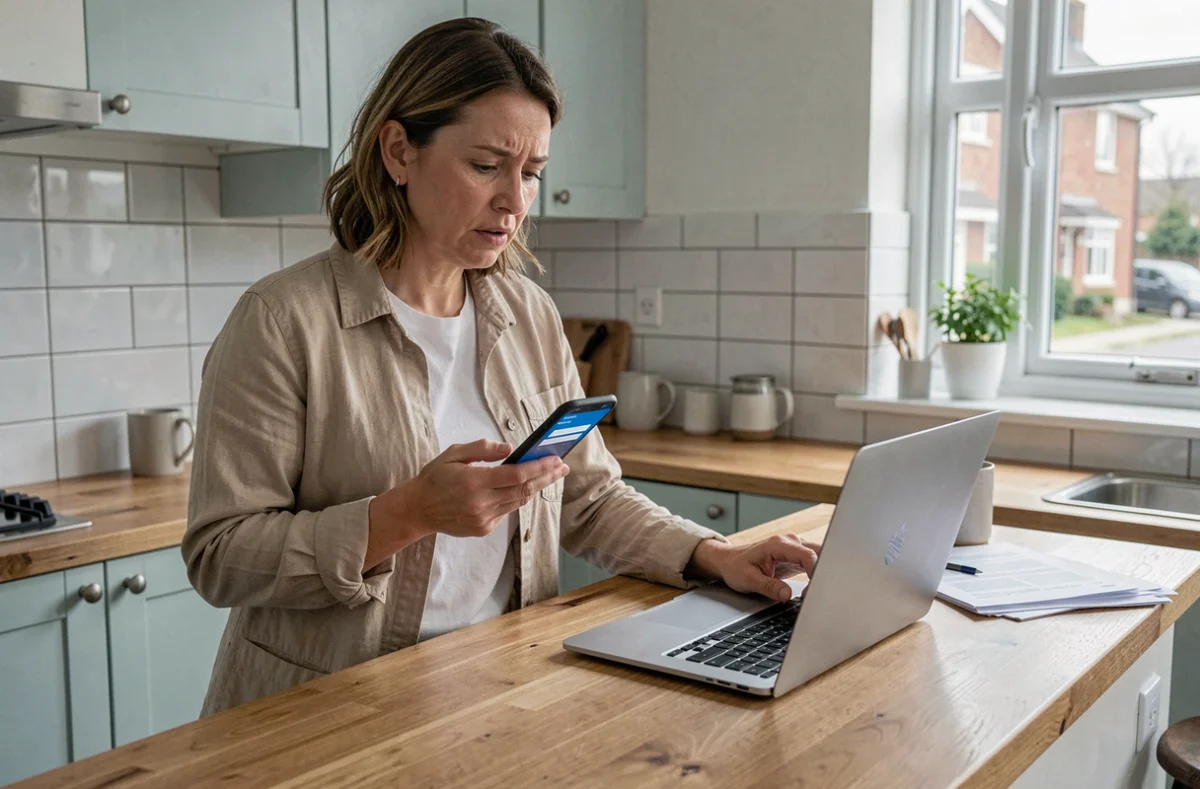 Femme artisane utilisant un smartphone et un ordinateur portable pour résoudre un problème d'accès à son espace professionnel en ligne