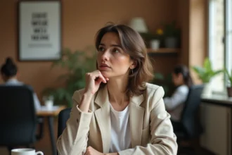 Femme professionnelle fatiguée assise à son bureau, réfléchissant à une citation motivante encadrée sur le mur au bureau