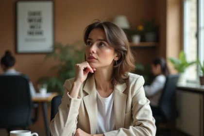 Femme professionnelle fatiguée assise à son bureau, réfléchissant à une citation motivante encadrée sur le mur au bureau