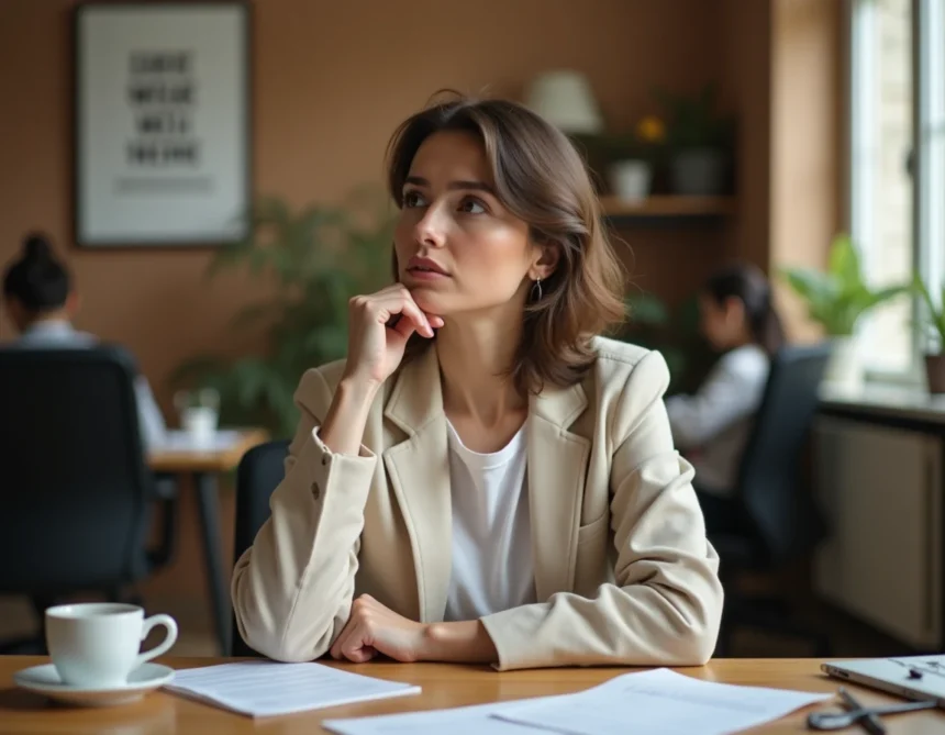 Femme professionnelle fatiguée assise à son bureau, réfléchissant à une citation motivante encadrée sur le mur au bureau