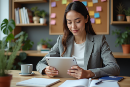 Femme en blazer regardant une tablette dans un bureau créatif