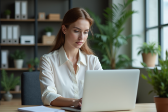 Femme en blouse casual utilisant un ordinateur au bureau