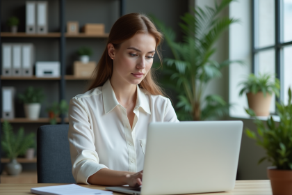 Femme en blouse casual utilisant un ordinateur au bureau