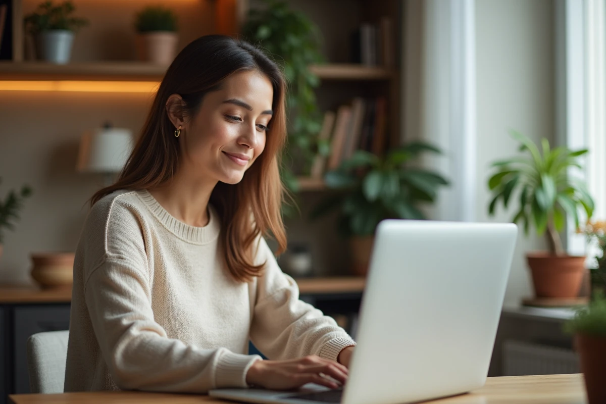 Femme détendue travaillant sur un ordinateur portable à la maison