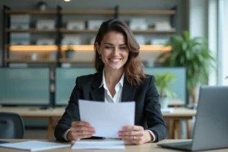 Femme en bureau lisant une lettre avec sourire modeste
