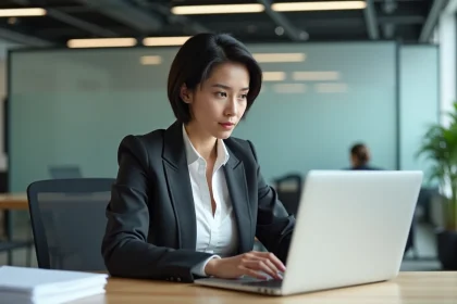 Femme professionnelle travaillant sur un ordinateur dans un bureau moderne