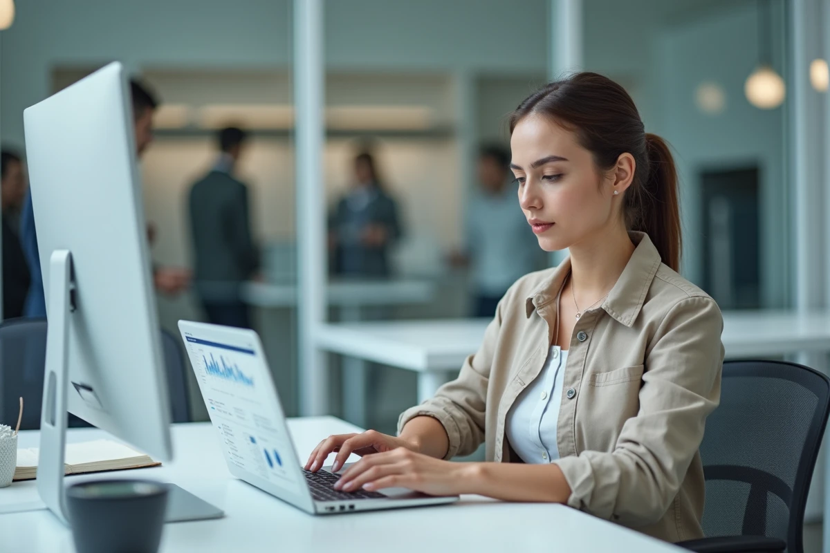 Femme au bureau utilisant un ordinateur avec graphique et calendrier
