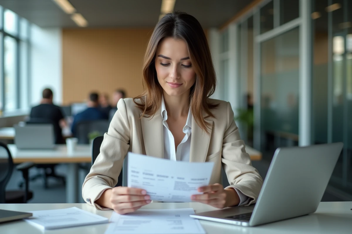 Femme professionnelle examine ses fiches de paie au bureau