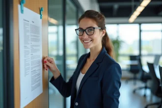 Femme en costume pinçant un mémo dans un bureau moderne