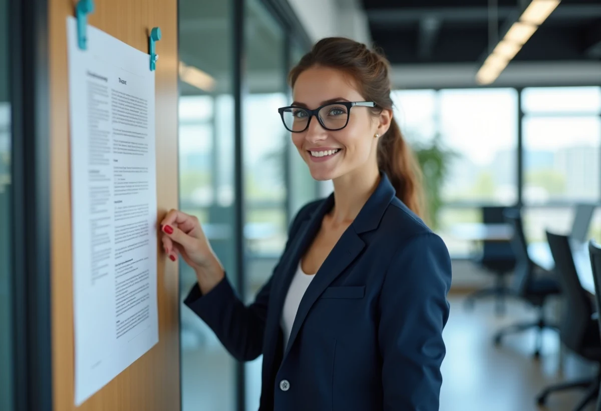Femme en costume pinçant un mémo dans un bureau moderne