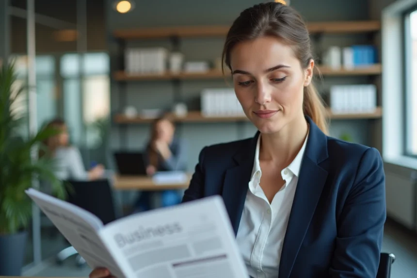 Femme cadre analysant un magazine business à son bureau dans un bureau moderne