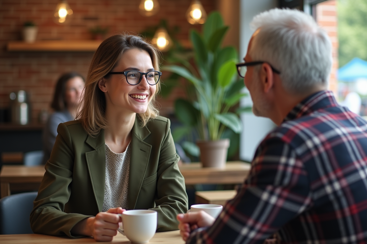 Femme et homme discutant dans un café chaleureux