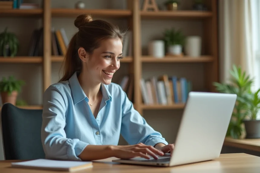Femme consultant son compte Advango sur un ordinateur portable pour gérer ses billets en ligne
