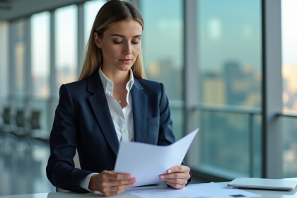 Femme professionnelle en costume bleu vérifiant une checklist