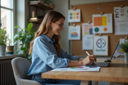 Jeune femme concentrée créant un flyer sur tablette dans un bureau