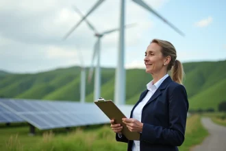 Femme d affaires observant un parc éolien et solaire
