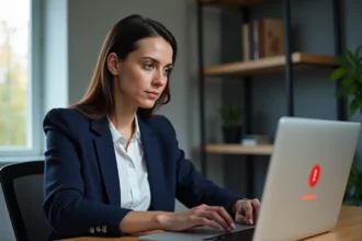 Femme en blazer marine résolvant une erreur de connexion sur un ordinateur portable dans un bureau à domicile moderne