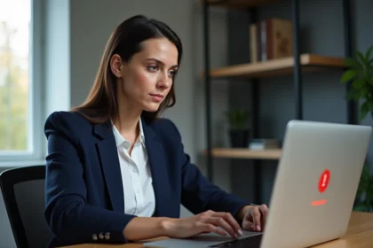 Femme en blazer marine résolvant une erreur de connexion sur un ordinateur portable dans un bureau à domicile moderne