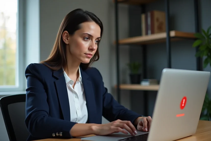 Femme en blazer marine résolvant une erreur de connexion sur un ordinateur portable dans un bureau à domicile moderne