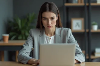 Femme consultant un message d'erreur sur le portail Urssaf depuis son bureau à domicile