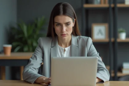Femme consultant un message d'erreur sur le portail Urssaf depuis son bureau à domicile