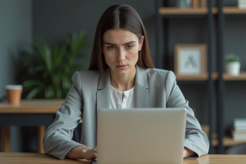 Femme consultant un message d'erreur sur le portail Urssaf depuis son bureau à domicile