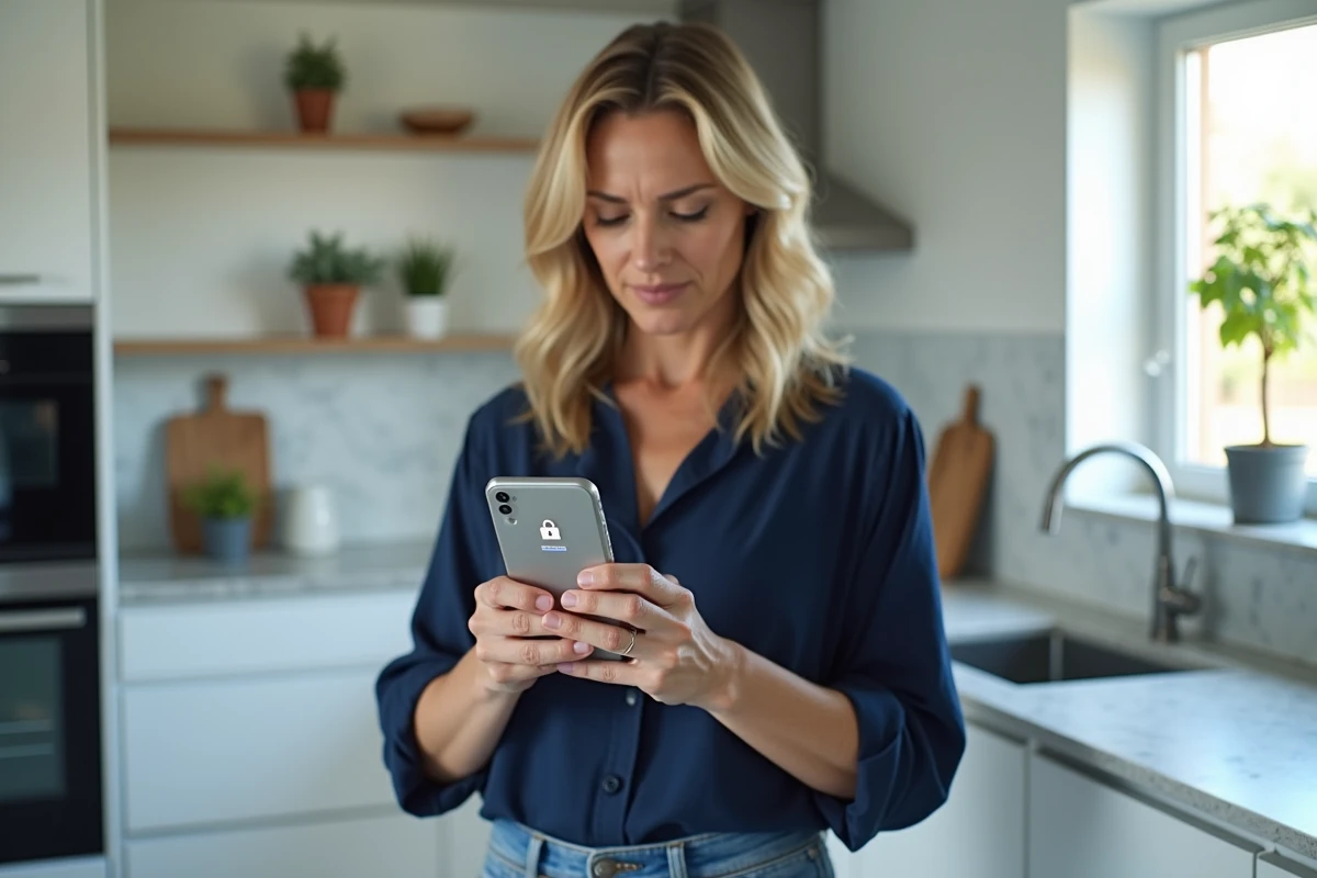 Femme consultant son smartphone avec un message d'erreur sur l'application de portail de sécurité dans une cuisine moderne