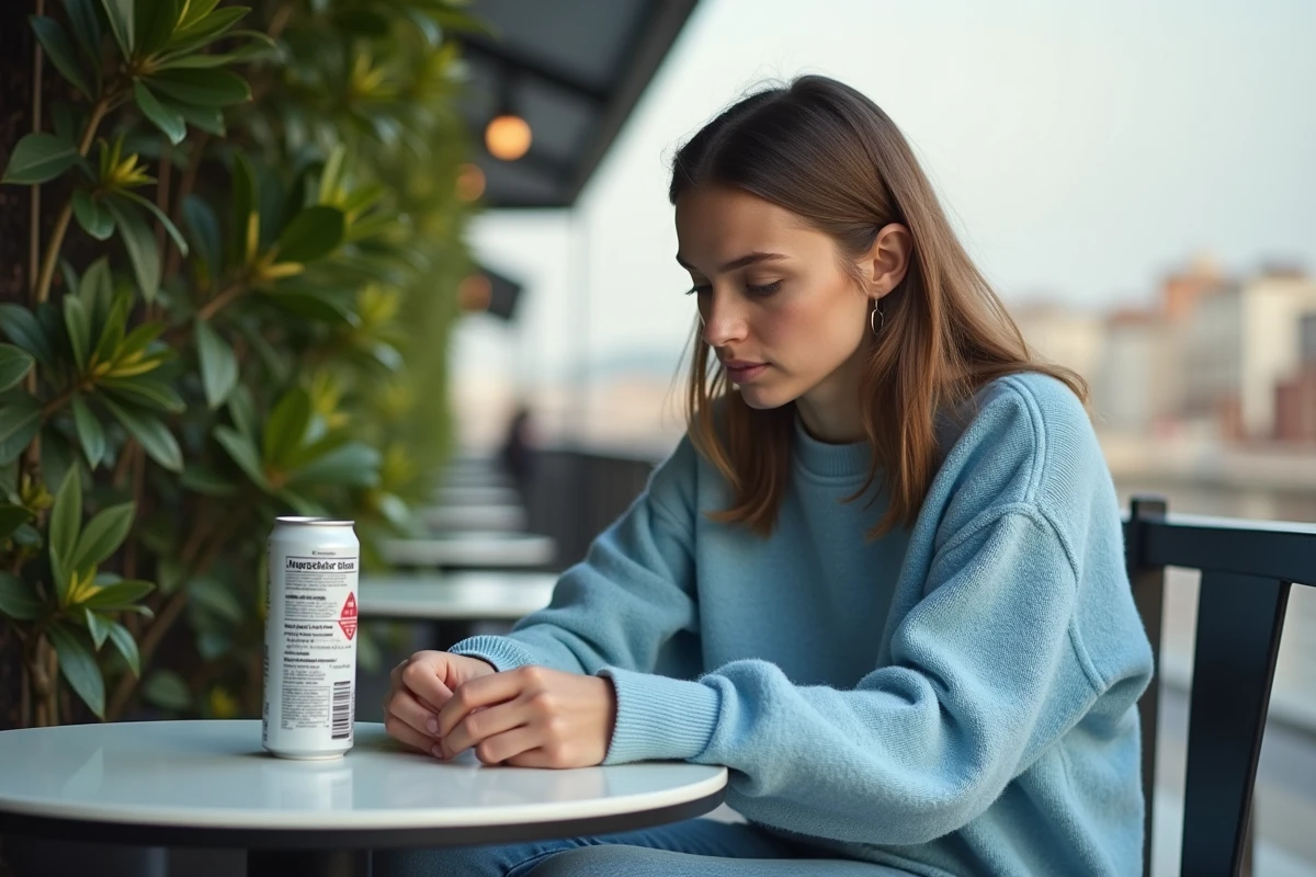 Jeune femme européenne lisant une étiquette de boisson énergisante