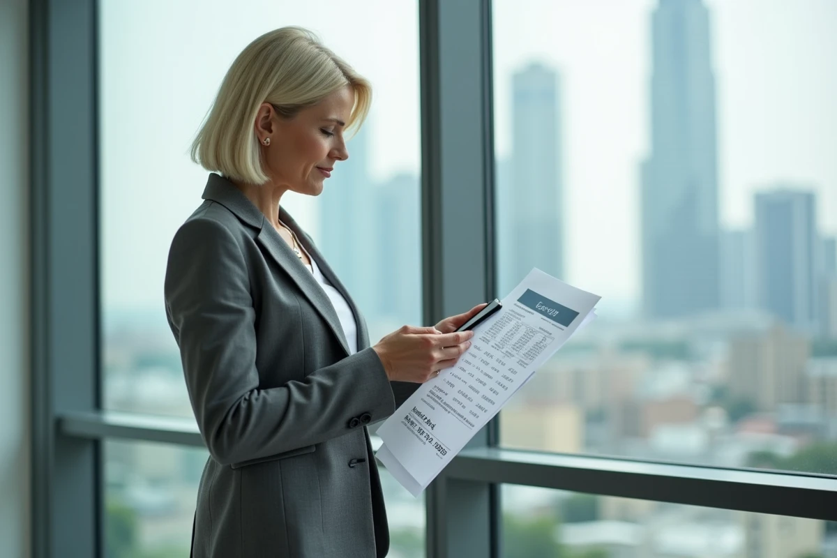 Femme d affaires regardant un rapport financier près d une fenêtre