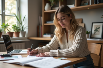 Femme remplissant des formulaires dans un bureau lumineux